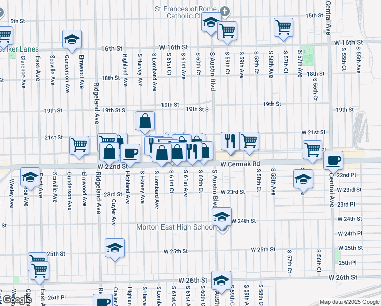 map of restaurants, bars, coffee shops, grocery stores, and more near 2124 Cermak Road in Chicago
