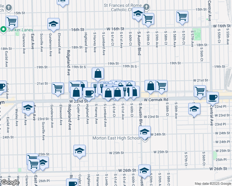 map of restaurants, bars, coffee shops, grocery stores, and more near 2135 South 61st Court in Cicero