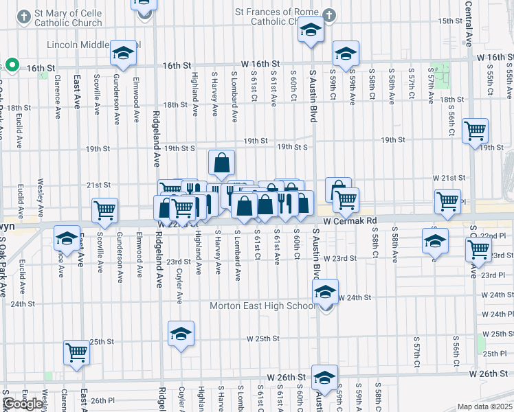 map of restaurants, bars, coffee shops, grocery stores, and more near 2135 South 61st Court in Cicero