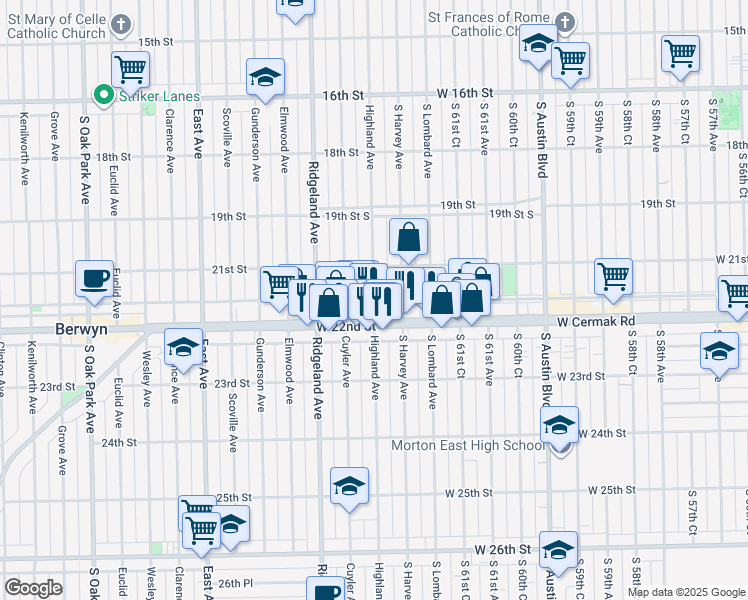 map of restaurants, bars, coffee shops, grocery stores, and more near 2130 Highland Avenue in Berwyn