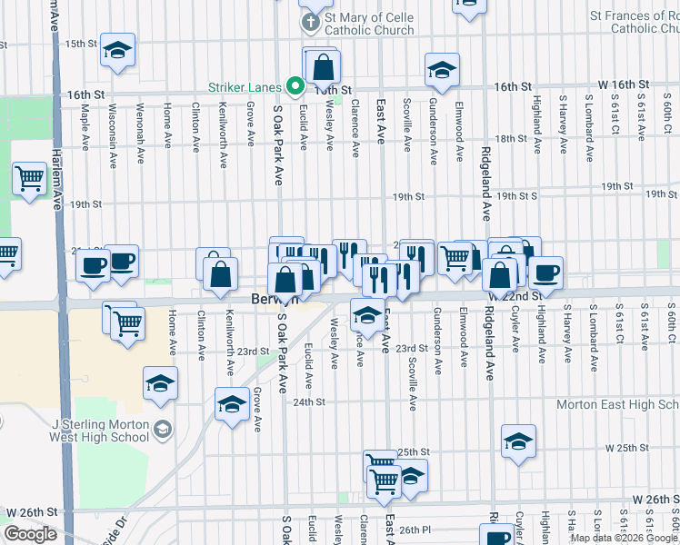 map of restaurants, bars, coffee shops, grocery stores, and more near 2125 Wesley Avenue in Berwyn