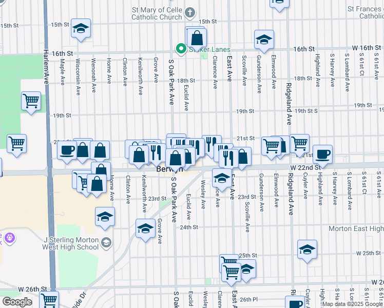 map of restaurants, bars, coffee shops, grocery stores, and more near 2125 Euclid Avenue in Berwyn