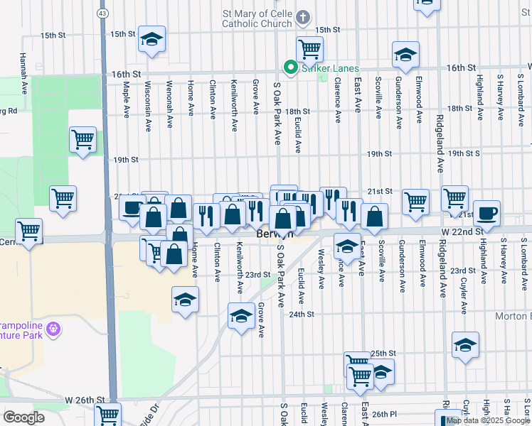 map of restaurants, bars, coffee shops, grocery stores, and more near 2126 Oak Park Avenue in Berwyn