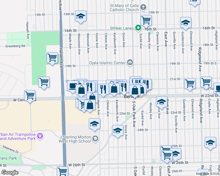map of restaurants, bars, coffee shops, grocery stores, and more near 2124 Kenilworth Avenue in Berwyn