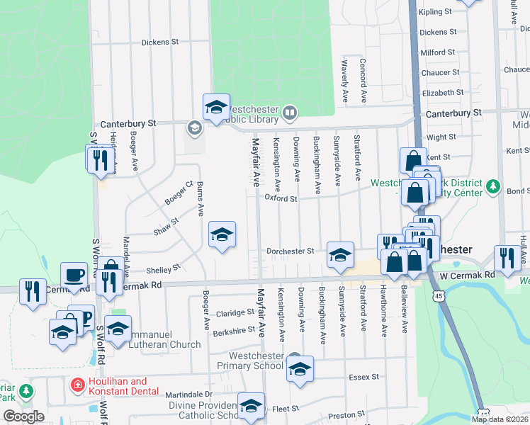 map of restaurants, bars, coffee shops, grocery stores, and more near 1866 Kensington Avenue in Westchester