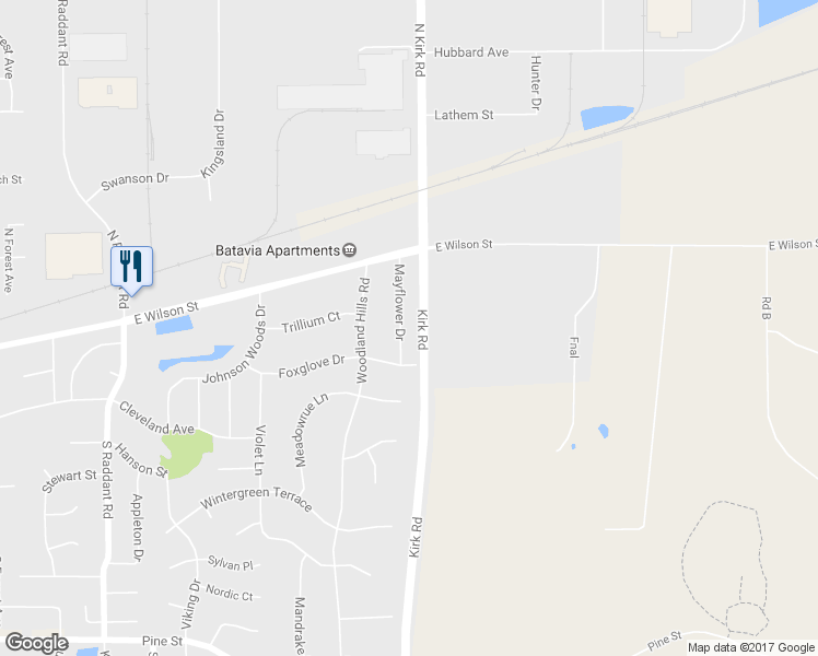 map of restaurants, bars, coffee shops, grocery stores, and more near 118 Mayflower Drive in Batavia