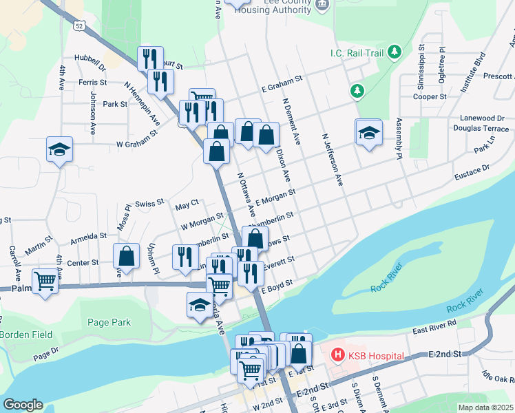 map of restaurants, bars, coffee shops, grocery stores, and more near 524 North Ottawa Avenue in Dixon