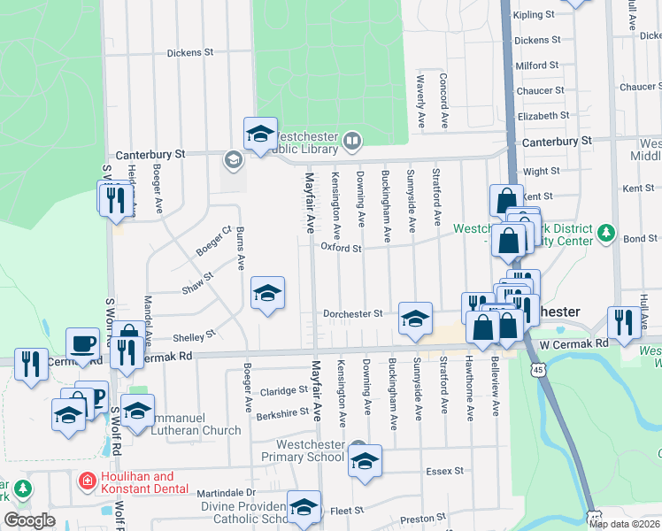 map of restaurants, bars, coffee shops, grocery stores, and more near 1866 Kensington Avenue in Westchester