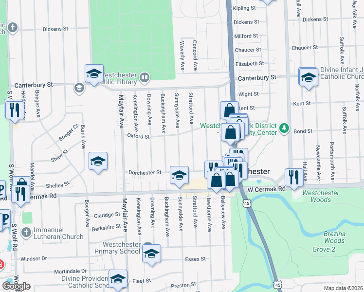 map of restaurants, bars, coffee shops, grocery stores, and more near 1875 Sunnyside Avenue in Westchester
