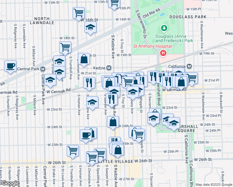 map of restaurants, bars, coffee shops, grocery stores, and more near 3153 South Kedzie Avenue in Chicago