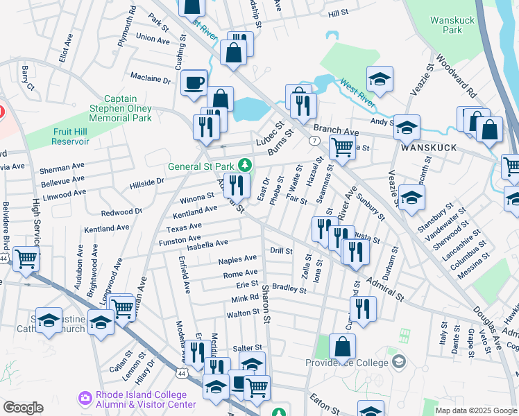 map of restaurants, bars, coffee shops, grocery stores, and more near 15 East Drive in Providence