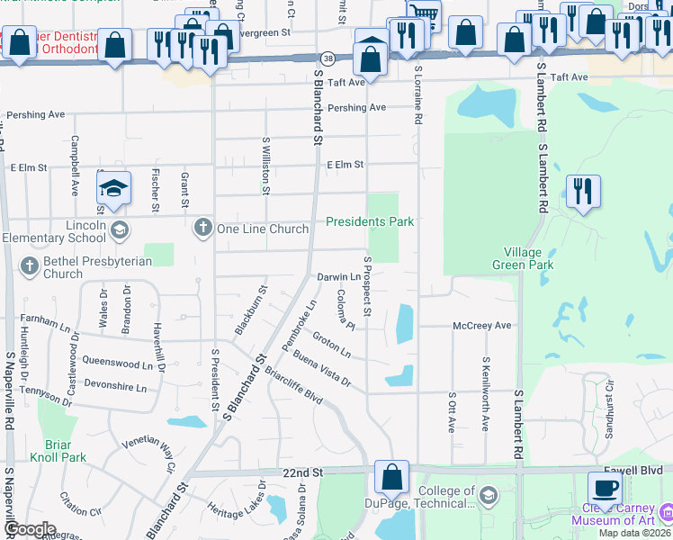 map of restaurants, bars, coffee shops, grocery stores, and more near 1477 Darwin Lane in Wheaton