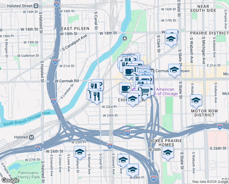 map of restaurants, bars, coffee shops, grocery stores, and more near 2237 South Archer Avenue in Chicago