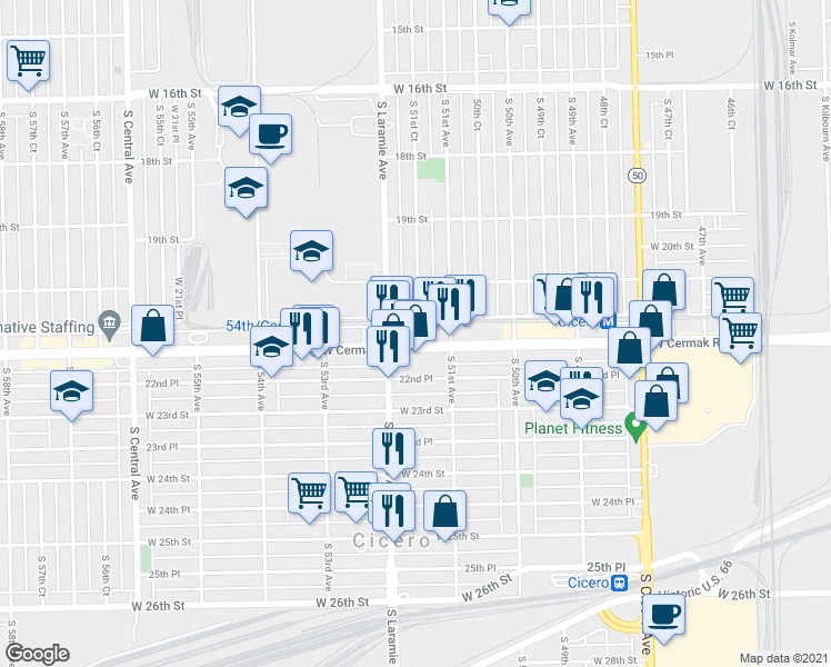 map of restaurants, bars, coffee shops, grocery stores, and more near 5134 West Cermak Road in Cicero