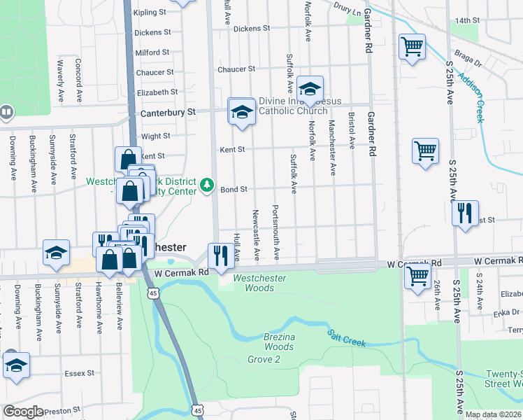map of restaurants, bars, coffee shops, grocery stores, and more near 1933 Newcastle Avenue in Westchester