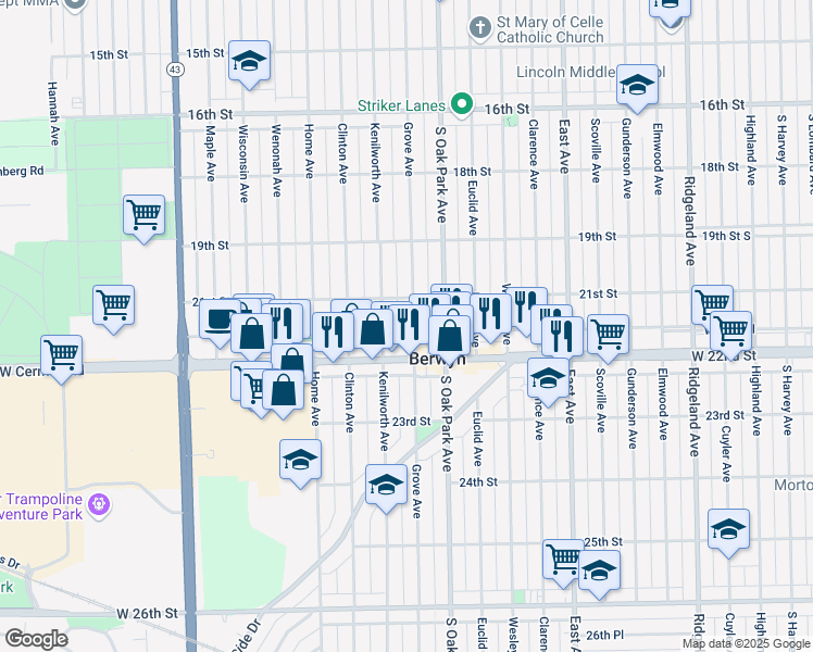 map of restaurants, bars, coffee shops, grocery stores, and more near 2124 Grove Avenue in Berwyn