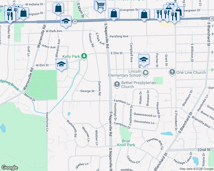 map of restaurants, bars, coffee shops, grocery stores, and more near 1348 South Naperville Road in Wheaton