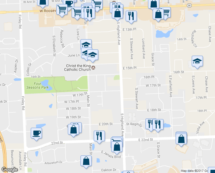 map of restaurants, bars, coffee shops, grocery stores, and more near 1627 South Norbury Avenue in Lombard