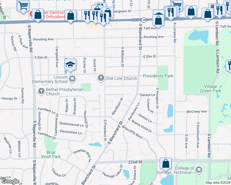 map of restaurants, bars, coffee shops, grocery stores, and more near 1125 Loughborough Court in Wheaton