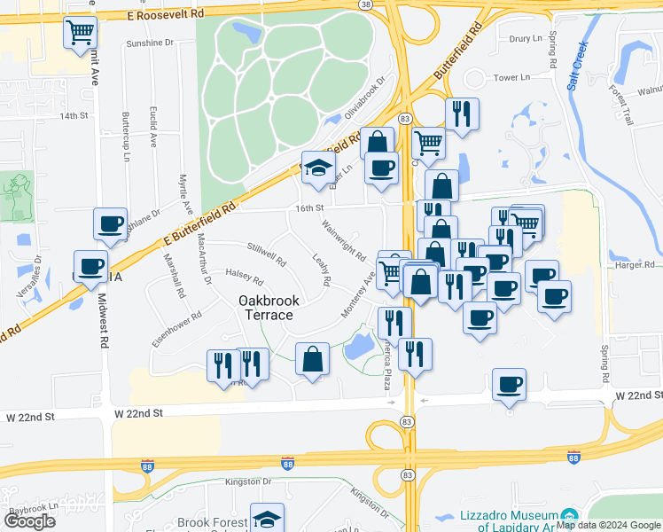 map of restaurants, bars, coffee shops, grocery stores, and more near 1S519 Leahy Road in Oakbrook Terrace