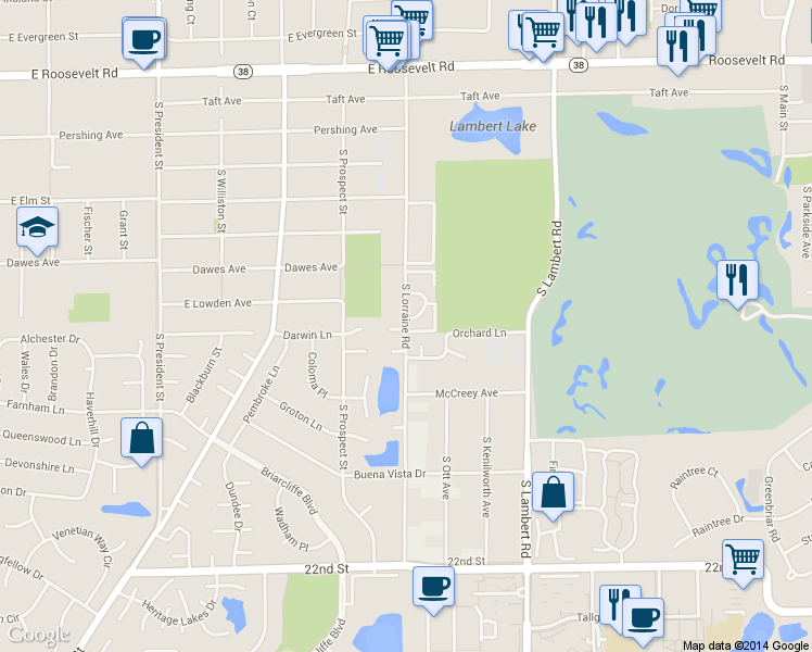 map of restaurants, bars, coffee shops, grocery stores, and more near 1445 South Lorraine Road in Wheaton
