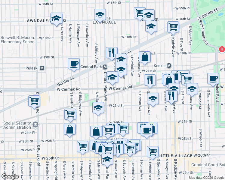 map of restaurants, bars, coffee shops, grocery stores, and more near 3535 West Cermak Road in Chicago