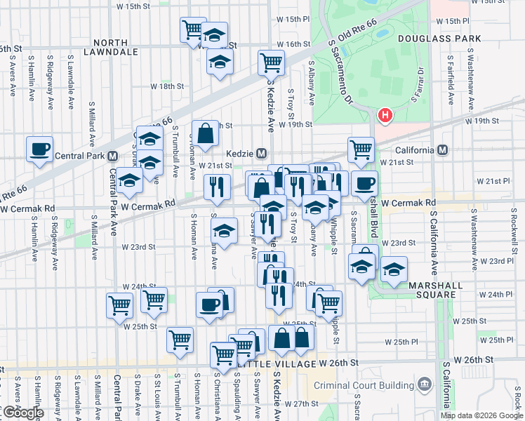 map of restaurants, bars, coffee shops, grocery stores, and more near 3215 West Cermak Road in Chicago