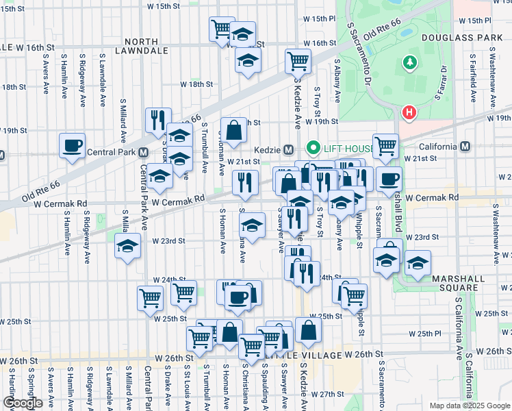 map of restaurants, bars, coffee shops, grocery stores, and more near 3305 West Cermak Road in Chicago