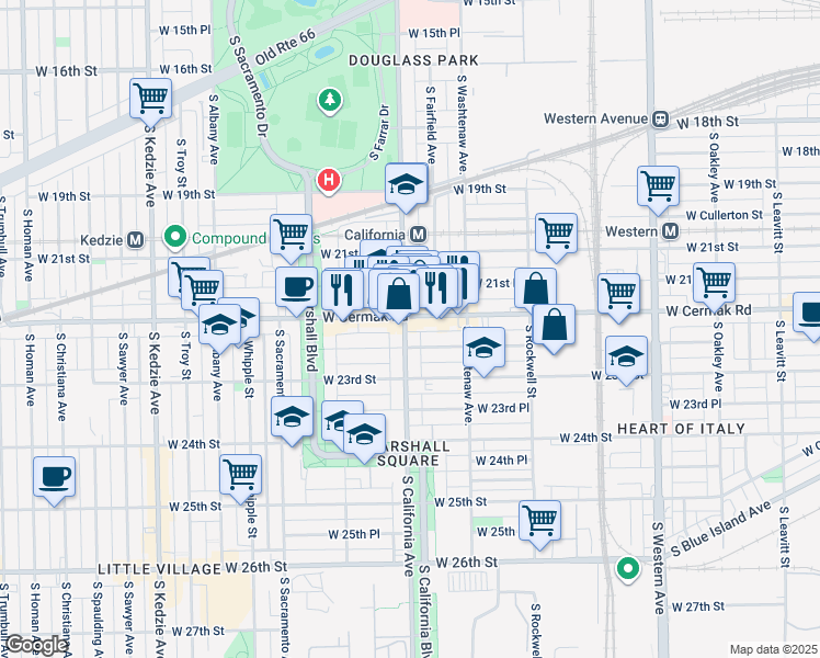 map of restaurants, bars, coffee shops, grocery stores, and more near 2745 West Cermak Road in Chicago