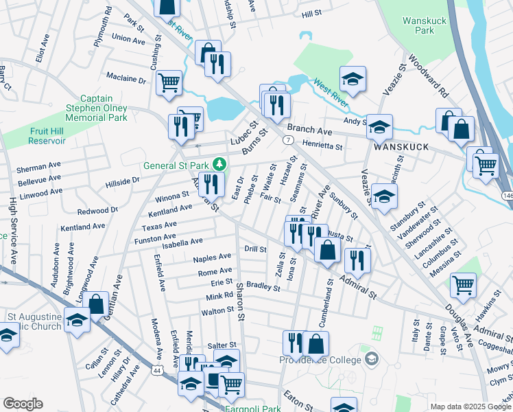 map of restaurants, bars, coffee shops, grocery stores, and more near 36 Waite Street in Providence