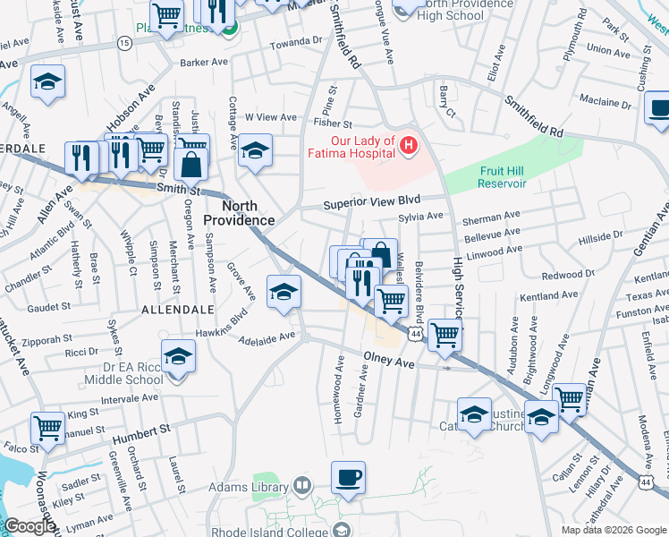 map of restaurants, bars, coffee shops, grocery stores, and more near 10 Lookout Ave in North Providence