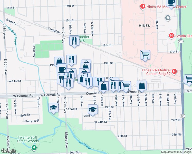 map of restaurants, bars, coffee shops, grocery stores, and more near 2845 South 13th Avenue in Broadview
