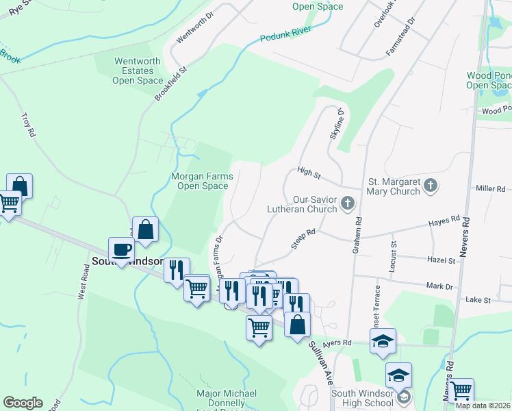 map of restaurants, bars, coffee shops, grocery stores, and more near 148 Morgan Farms Drive in South Windsor