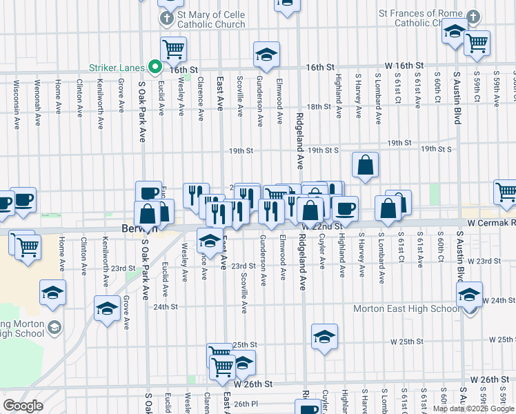 map of restaurants, bars, coffee shops, grocery stores, and more near 2126 Gunderson Avenue in Berwyn