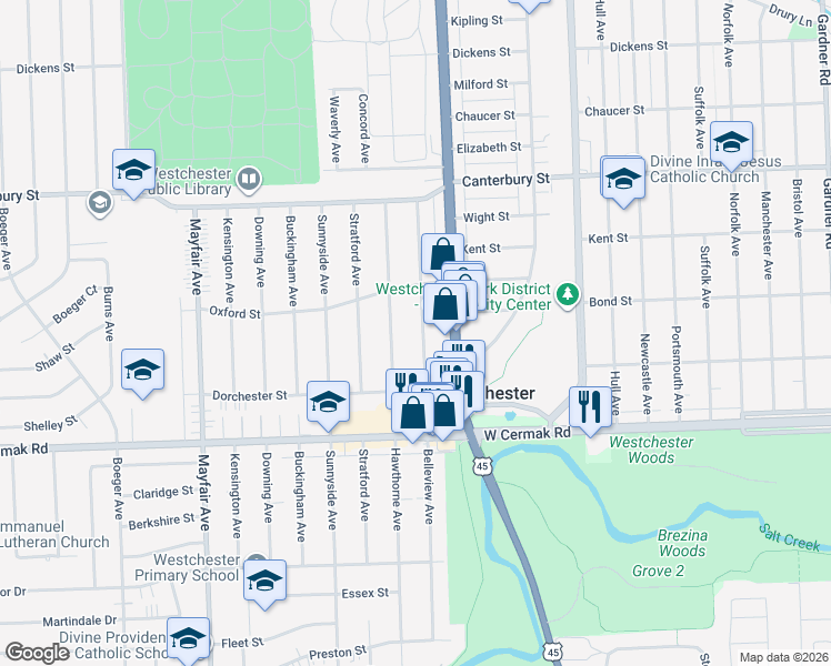 map of restaurants, bars, coffee shops, grocery stores, and more near 1908 Belleview Avenue in Westchester