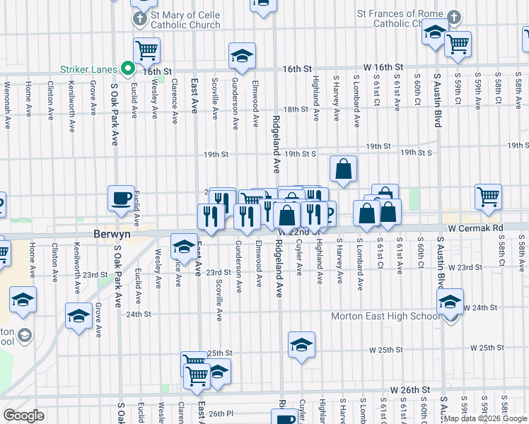 map of restaurants, bars, coffee shops, grocery stores, and more near 2125 Elmwood Avenue in Berwyn