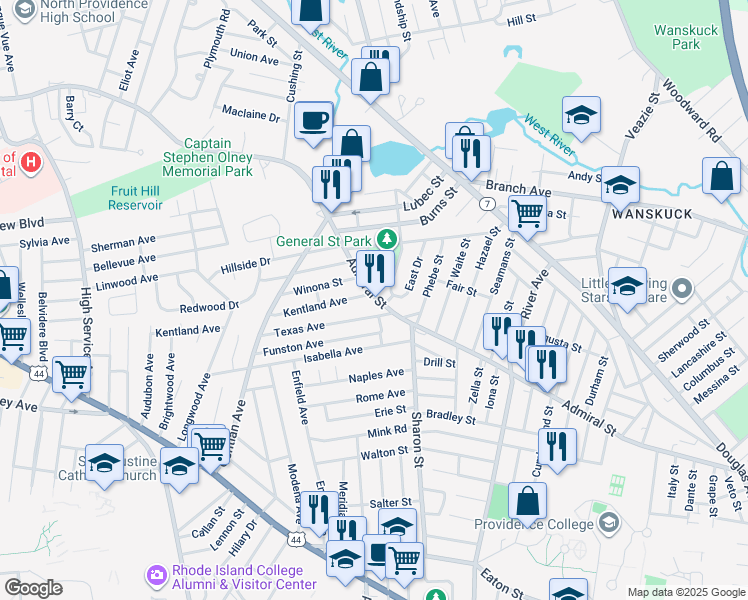 map of restaurants, bars, coffee shops, grocery stores, and more near 854 Admiral Street in Providence
