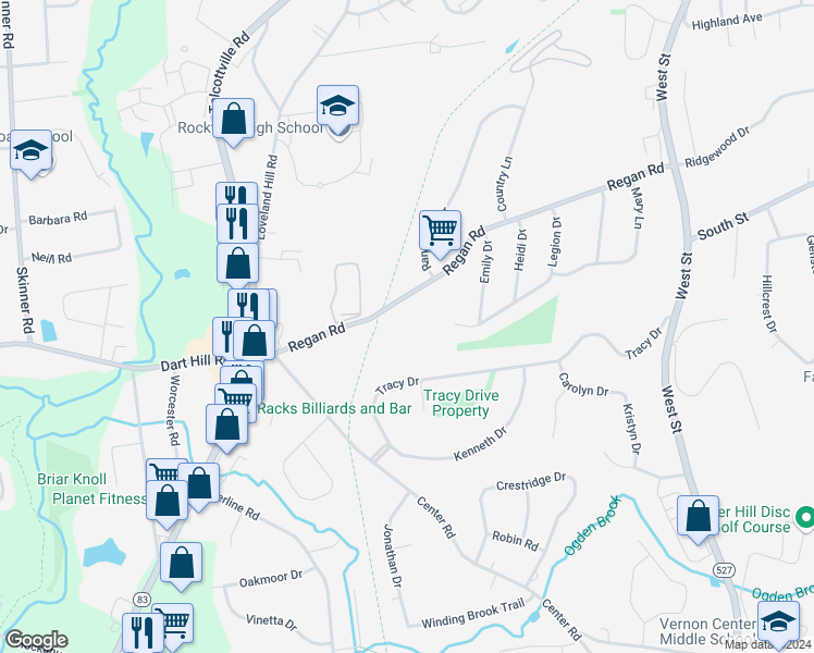 map of restaurants, bars, coffee shops, grocery stores, and more near 180 Regan Road in Vernon