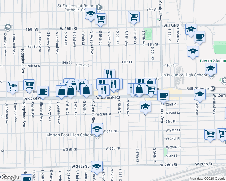 map of restaurants, bars, coffee shops, grocery stores, and more near 2129 South 59th Avenue in Cicero