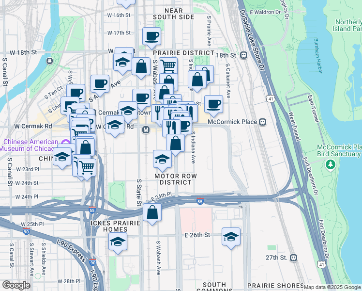 map of restaurants, bars, coffee shops, grocery stores, and more near 2246 South Michigan Avenue in Chicago