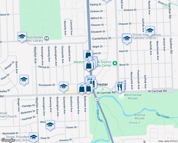 map of restaurants, bars, coffee shops, grocery stores, and more near 1912 South Mannheim Road in Westchester