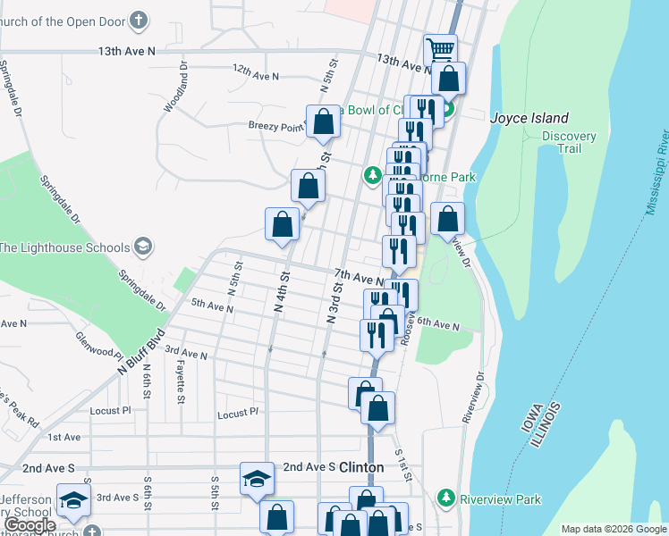 map of restaurants, bars, coffee shops, grocery stores, and more near 315 7th Avenue North in Clinton