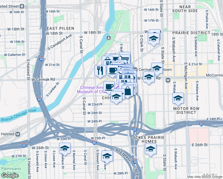 map of restaurants, bars, coffee shops, grocery stores, and more near 266 West Alexander Street in Chicago