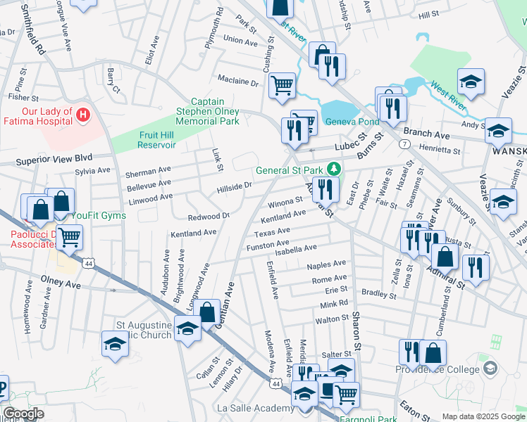 map of restaurants, bars, coffee shops, grocery stores, and more near 80 Winona Street in Providence