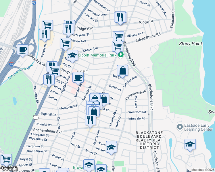 map of restaurants, bars, coffee shops, grocery stores, and more near 890 Hope Street in Providence