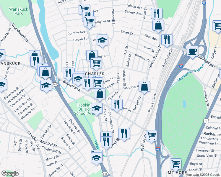 map of restaurants, bars, coffee shops, grocery stores, and more near 46 Mc Millen Street in Providence