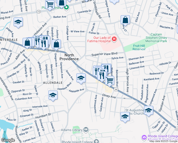 map of restaurants, bars, coffee shops, grocery stores, and more near 1 Kristen Drive in North Providence