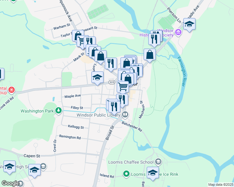 map of restaurants, bars, coffee shops, grocery stores, and more near 20 Maple Avenue in Windsor