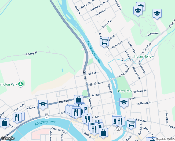 map of restaurants, bars, coffee shops, grocery stores, and more near 600-604 Henry Street in Warren
