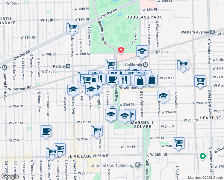 map of restaurants, bars, coffee shops, grocery stores, and more near 2210 South Marshall Boulevard in Chicago